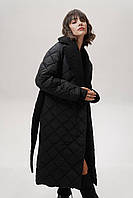 Стьобане пальто жіноче з хутряним коміром чорного кольору XS S M L XL