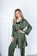 Женская шелковая пижама 4ка (халат + майка + брюки + ночная рубашка) M Зеленый