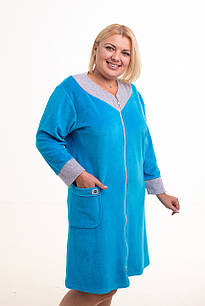 Домашній жіночий блакитний велюровий халат середній довжини 46,48,50,52,54,56 54
