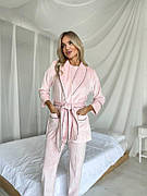 Жіночий комплект для дому штани, футболка та халат XS Пудровий (комплект з 3 речей)