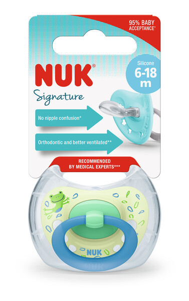 Пустушка ортодонтична  силіконова  SIGNATURE листочки/жабка NUK, 6-18 місяців