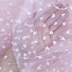 Сітка стрейч з флоком (серця) / колір СВІТЛО-РОЖЕВИЙ / ціна вказана за 0,5 метра сітки
