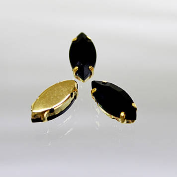 Стрази в золотих цапах. Лодочка 9х18мм. Кольор Jet