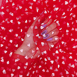 Сітка стрейч з флоком (серця) / колір ЧЕРВОНИЙ / ціна вказана за 0,5 метра сітки