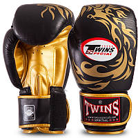Перчатки боксерские кожаные на липучке TWINS DRAGON Rep (р-р 12oz, черный-золотой)