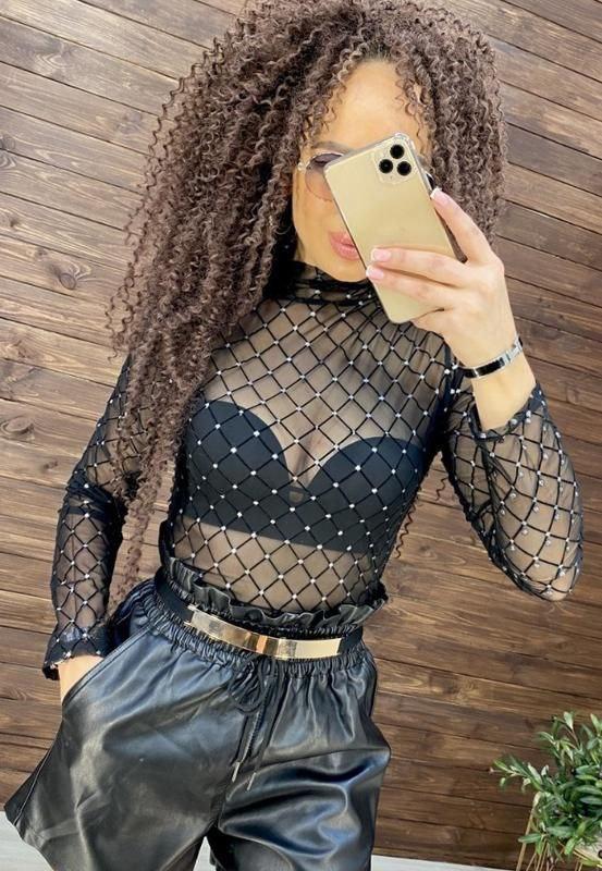 Жіночий чорний гольф із сітки з блискітками, фото 1