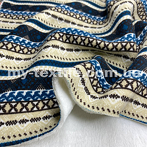 Трикотаж на хутрі 160 см 450 г/м2 DFS-23-2 Бежевий с синім Орнамент