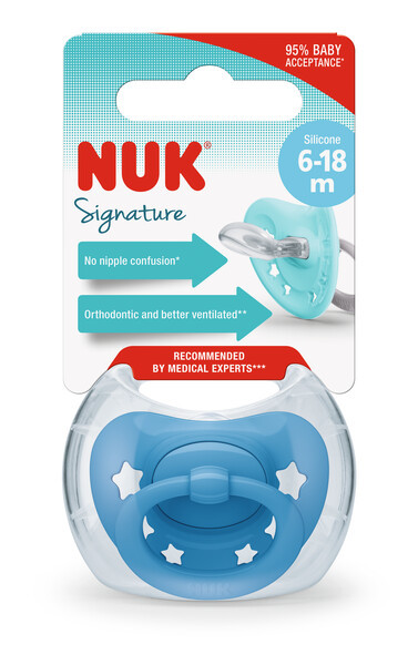Пустушка ортодонтична  силіконова  SIGNATURE  сині зірки NUK, 6-18 місяців, фото 1