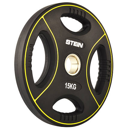 Диск атлетичний для штанги з хватами професійний млинець для штанги поліуретановий Stein 15 кг, чорний, фото 3