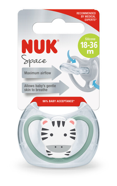 Пустушка ортодонтична  силіконова SPACE , зебра NUK, 18-36 місяців, фото 1
