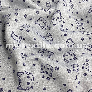 Трикотаж на хутрі 160 см 450 г/м2 Світло сірий меланж с котятами темно-синій