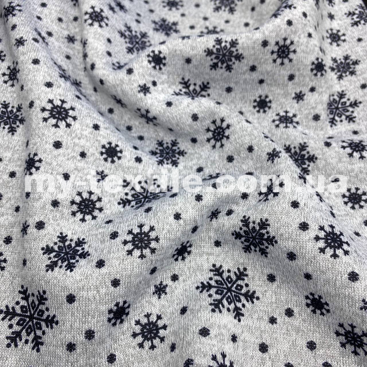 Трикотаж на хутрі 160 см 450 г/м2 Світло сірий меланж з сніжинками чорними, фото 1