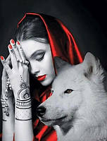 Алмазная вышивка девушка Мозаика круглыми камнями Серый волк и девушка в красном 40х50 Картины стразами 86132