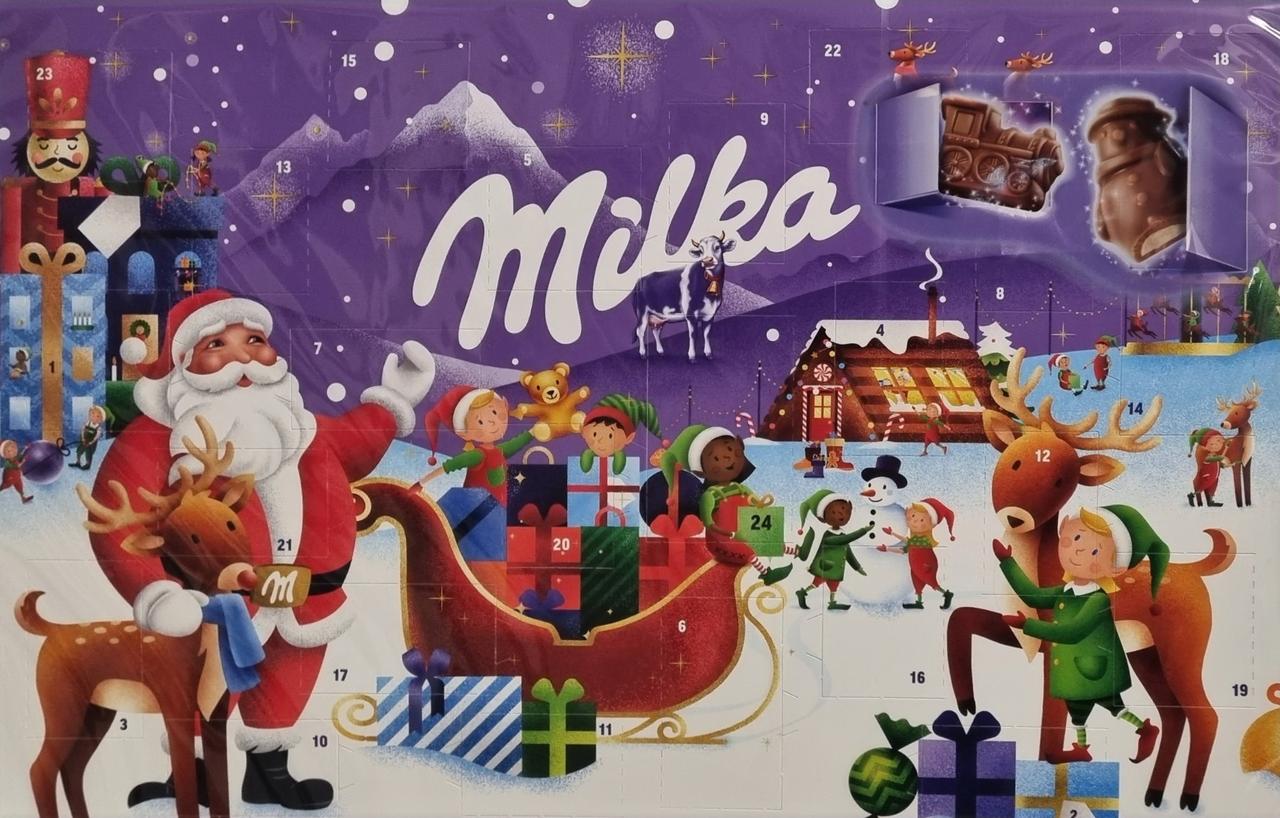 Шоколад Milka Адвент Календарь (Санта з санчатами) з 24 фігурками різних персонажів 200 г