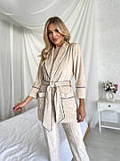 Жіночий комплект для дому штани, футболка та халат XS Бежевий (комплект з 3 речей)