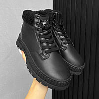 Зимние женские ботинки на меху/ Кожаные черные ботинки для девушек/ Теплые повседневные ботинки на шнурках
