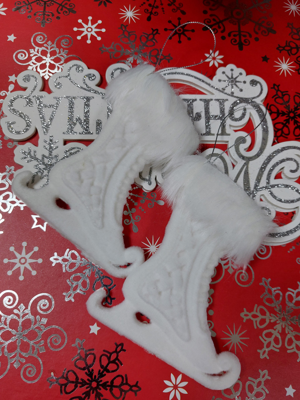 Ялинкові прикраси ковзани білі пара 10 × 12 см, фото 1