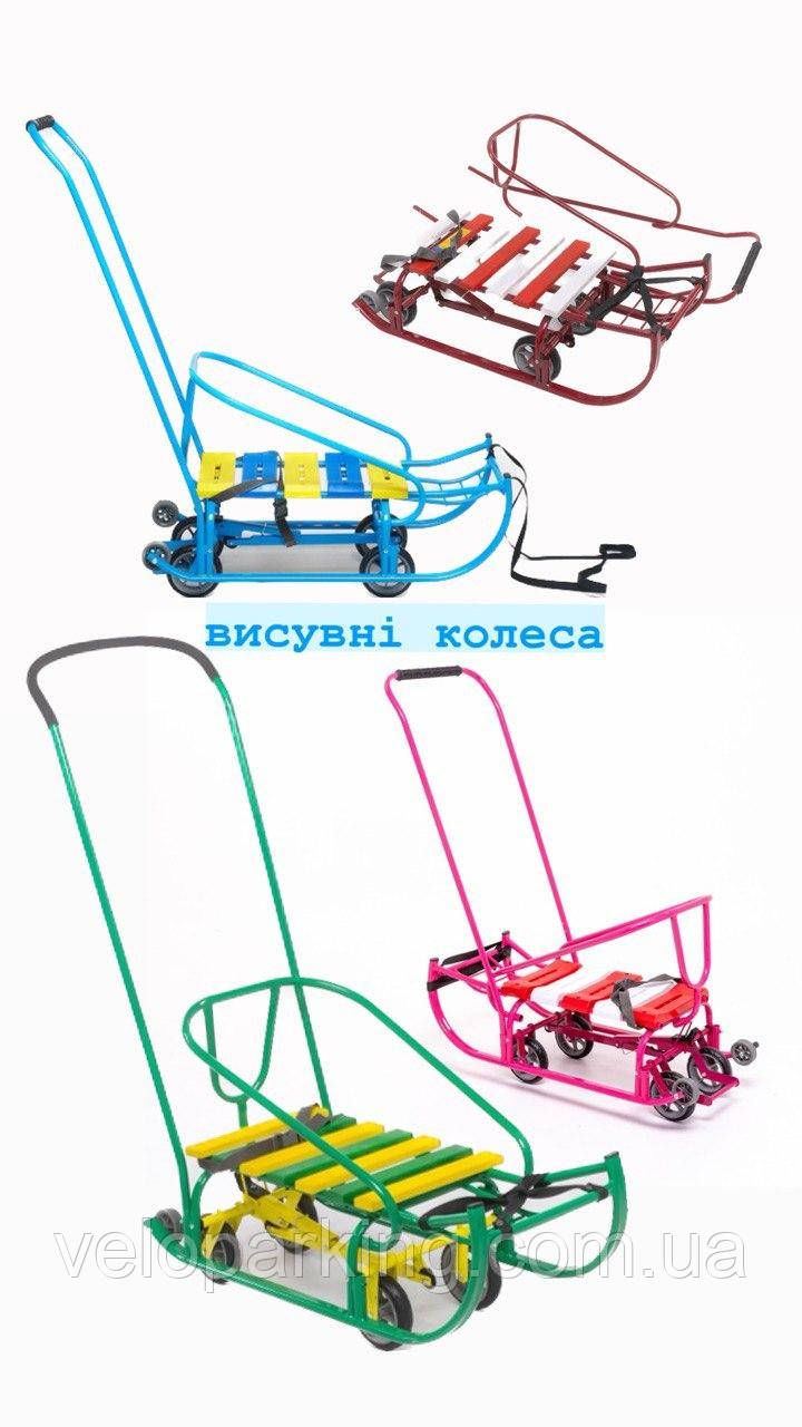 Дитячі санки на коліщатках (висувні) Карпати пластик із ручкою штовхачем, висувний механізм шасі Патріот 2