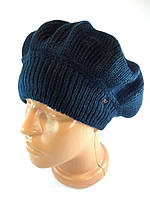 Бере в'язаний жіночий шапка-берет зимовий теплий французький Берети на ніжці флісі Синій