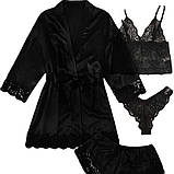 Комплект жіночий атласний 4в1 – халат, топ, шорти, трусики, подарунковий набір, фото 5