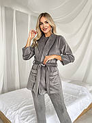 Жіночий комплект для дому штани, футболка та халат XS Графітовий (комплект з 3 речей)