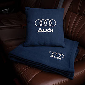 Подушка та плед в автомобіль з логотипом AUDI, флісовий набір