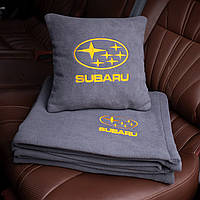 Подушка и плед в машину с логотипом Subaru, флисовый набор