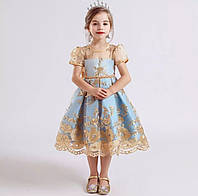 Платье золотое с голубым за колено нарядное для девочки. Размеры от 120 и больше.
