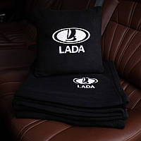 Подушка и плед в машину с логотипом Lada Priora, флисовый набор