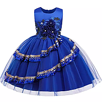 Сукня синя з квітами, намистом і паєтками бальна на випускний для дівчинки за коліно.