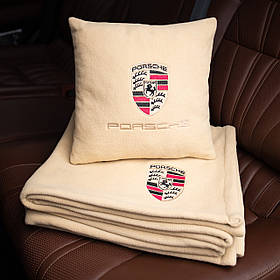 Подушка та плед в автомобіль з логотипом Porsche, флісовий набір