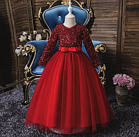 Платье бордовое с рукавом и пайетками длинное нарядное выпускное на рост 120 и 130 плюс минус