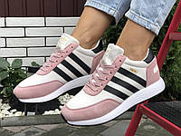 Зимние кроссовки Adidas Iniki на меху подростковые замш подошва пена розовые с белым, Адидас