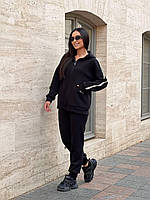 Тёплый женский костюм на флисе: кофта худи на змейке и штаны чёрный S 42-44 М 46-48 L XL 50-52