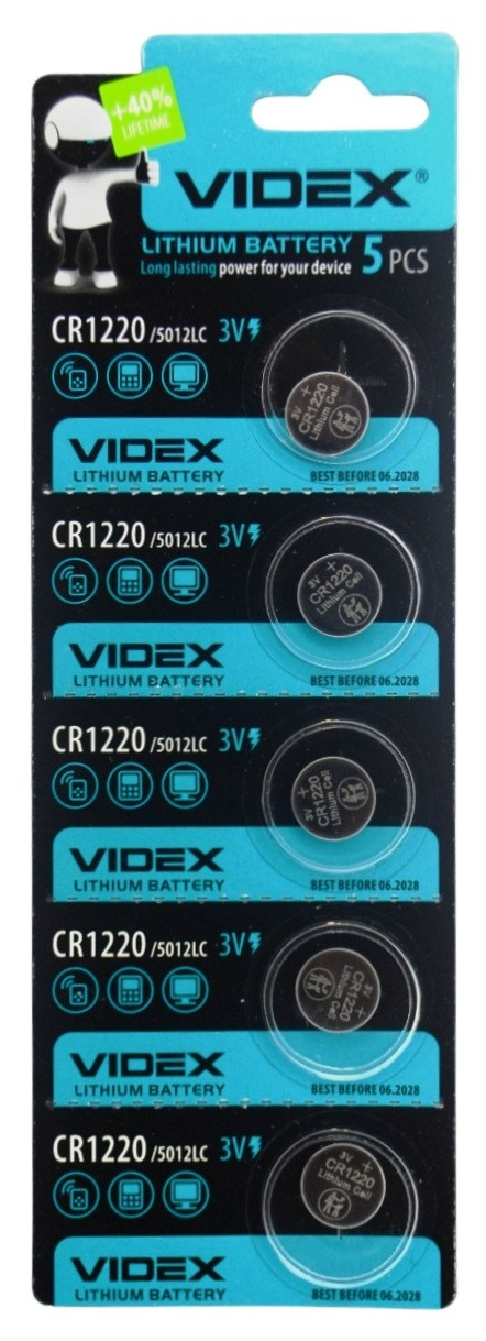 Батарейка, таблетка, Videx, літієва, CR1220, 3V, 5шт/уп