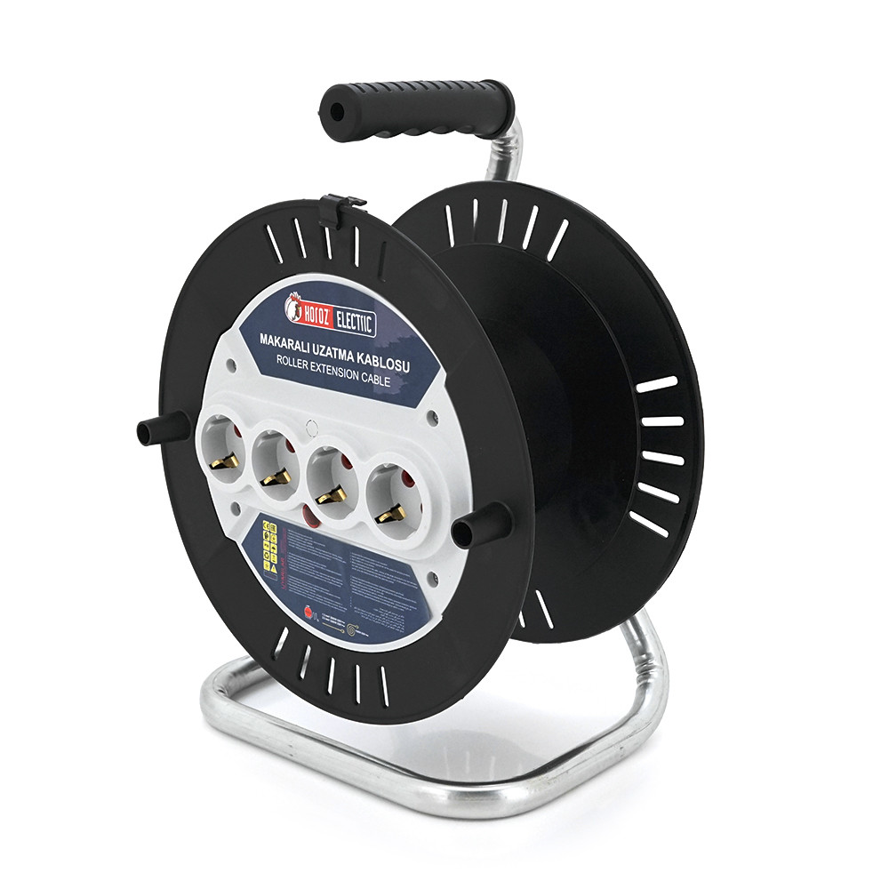 Котушка для подовжувача до 50 м без кабелю на 4 гнізда із заземленням, контактна група — латунь (Чорно-сіра), фото 1