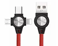 Кабель 3в1 для зарядки телефона MicroUSB + TypeC + Lightning 3-in-1, зарядный кабель 1м 3в1 красный