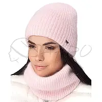 Комплект ангоровий зимняя шапка с закатом на флисе + ангоровый снуд Leks Бакарди Бледно-розовый
