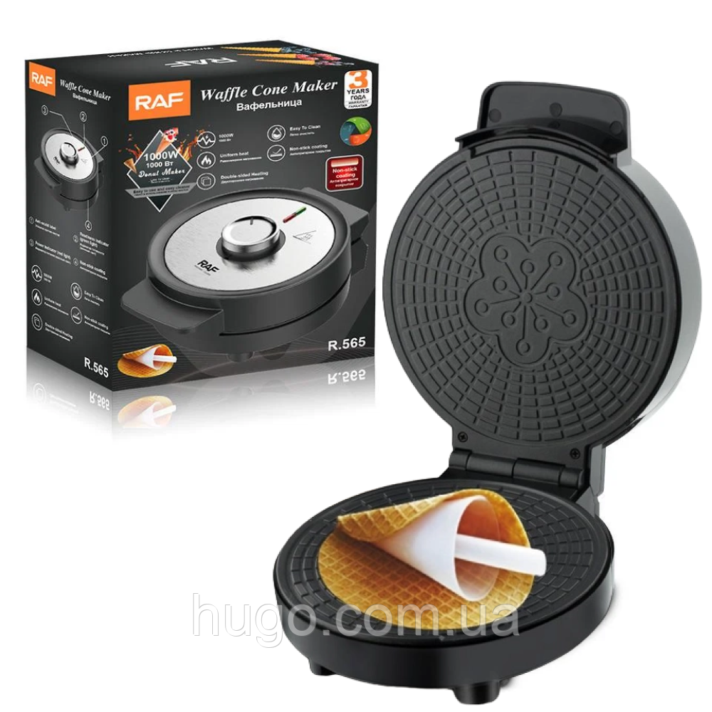Вафельниця для тонких трубочок RAF R565, 1000Вт / Електровафельниця кругла з антипригарним покриттям, фото 1
