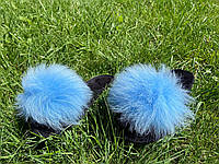 Женские тапочки домашние 37 размер с натуральным мехом голубые, тапочки паркетка с мехом для дома