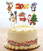 Набір Новорічних топперов (5шт) + подарунок топпер в торт 2024 (КАРТОН)
