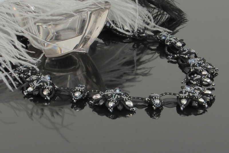 Кольє мереживне чорне з перлами намистинами та бісером "Чорна лілія" Авторська біжутерія Ручна робота