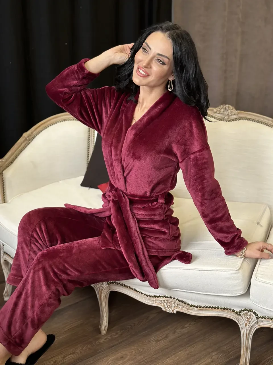 Домашній жіночий комплект одягу, жіночий халат та штани з кишенями