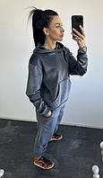 Женский костюм из двустороннего велюра: худи и штаны (графит, фрезовый, черный) 42/44, Графит