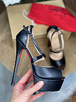 Женские черные кожаные босоножки на высоком каблуке Louboutin Cross Me лабутены туфли на платформе