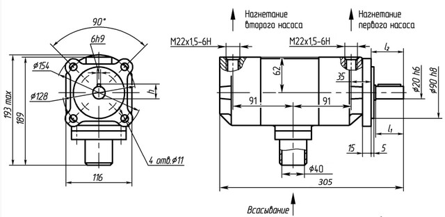 розміри насоса 2-потокового НПл 16 МПа габариту 1+1