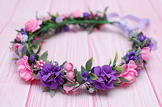 Вінок на голову / віночок для волосся з квітами рожево-фіолетовий 692