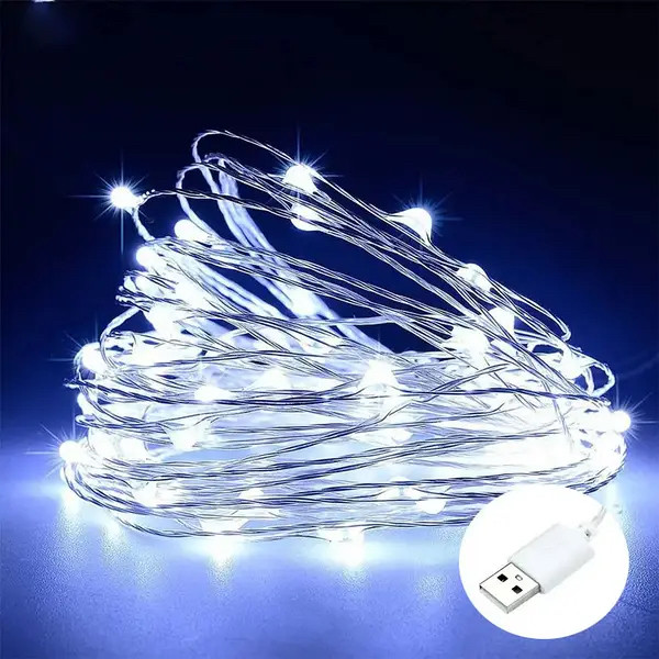 Гірлянда нитка Роса USB 100ламп (LED) 10 м біла холодна