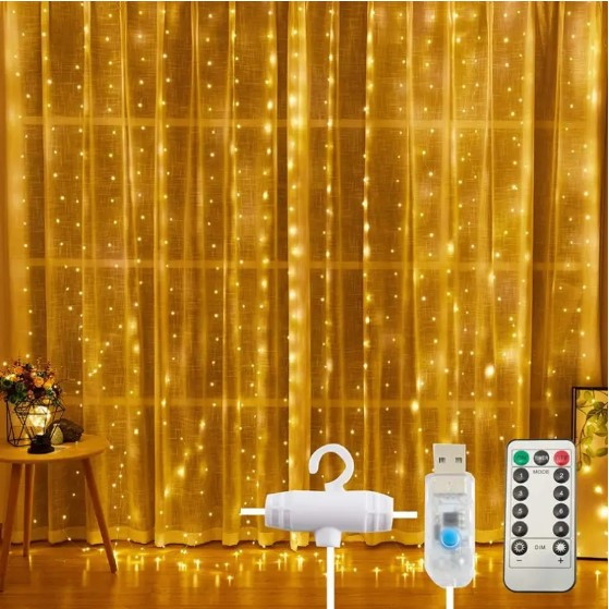 Новорічна Гірлянда Штора Теплий Білий Роса 3*3м. 300LED USB + пульт ДК та гачки для монтажу.