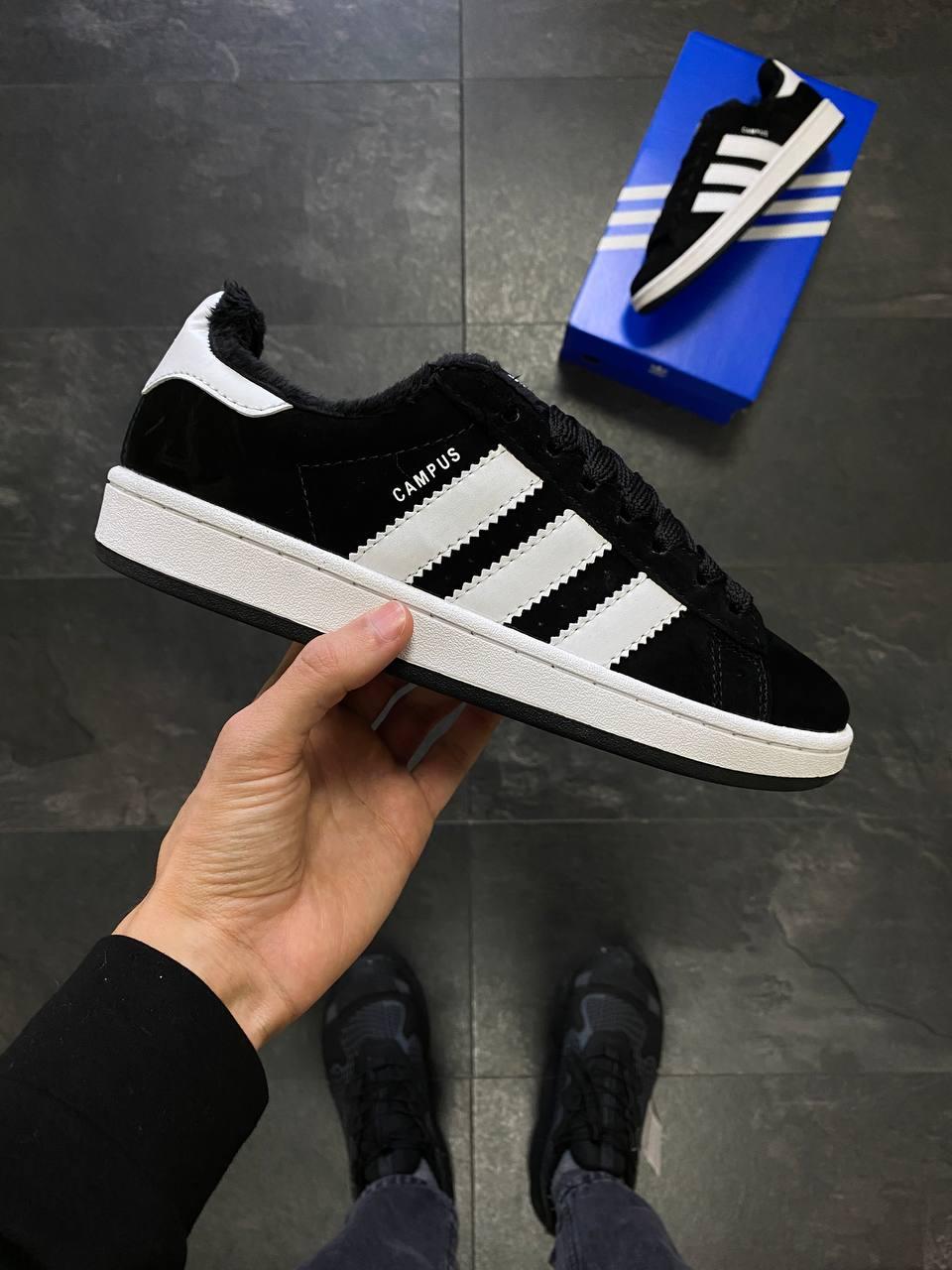 Зимові Чоловічі Кросівки Adidas Campus 00s Black White Fur / Адідас Кампус 00 Чорні з Білим (Хутро)